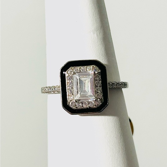 S925 Sterling Silver Black Enamel Square Cubic Zirconia Ring Statement Piece - Picture 10 of 12